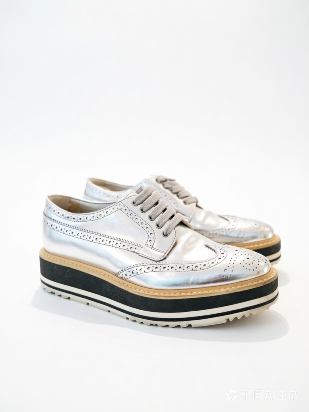 Prada Metallic Silver Platform Brogue Lace-Up Shoes
